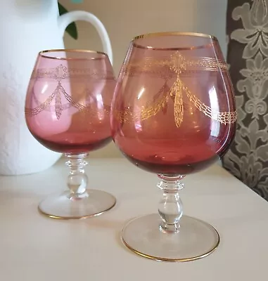 Buy Pair Of Vintage Cranberry With Gold Brandy/Cognac Glasses • 9£