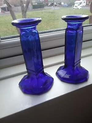 Buy Pair Of Cobalt Blue Glass Candlesticks Made In Spain • 20£