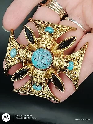Buy Vintage Statement Maltese Cross Brooch With Peking Glass Cabochons And Onyx • 70£