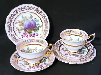 Buy TWO Ashley Fine Bone China 22 KT Gold FRUITS  Cups, Saucers And Side Plates • 15£