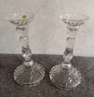 Buy Vintage Pair Of 8.5  Clear Swirl Pressed Glass Tappered Candle Holders  Made In • 22.77£