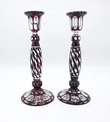 Buy Antique Pair Ruby Red Cut To Clear Glass Candlesticks Twisted Stems • 69.95£