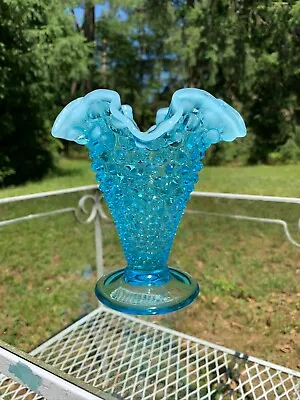 Buy Vintage Fenton Aqua Blue Opalescent Hobnail Vase 5.5  Tall Ruffled Edges MINT  • 25.33£