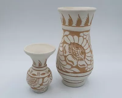 Buy VTG Raised Relief PAIR 2 Ceramic Floral Decorative Vases Korand Romania 7” 4” • 21.14£