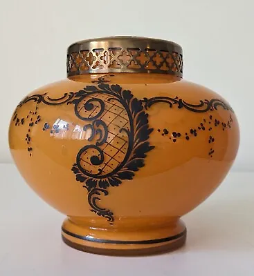 Buy 1940s VINTAGE Bohemian Tangerine Glass Rose Bowl With Black Design & Brass Frog. • 31.95£