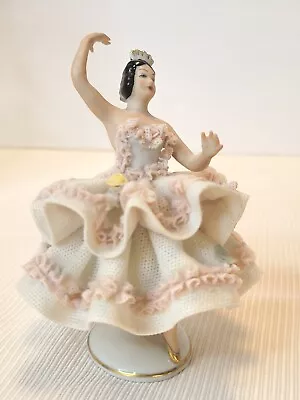 Buy Dresden Porcelain Ballerina White W/ Pink Lace Figurine Dancer Crown N Mark • 45.54£