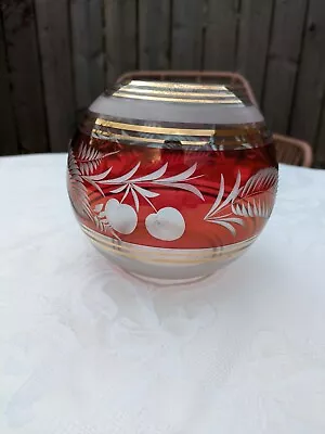 Buy Vintage Czech Cranberry And Gold Glass Vase Etched With Leaves And Cherries • 10£