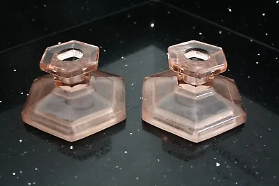 Buy Pair Davidson Pink Frosted Glass Hexagonal Candlesticks Candle Holders Art Deco • 18£