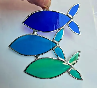 Buy 3 Fish Blue Green Stained Glass Suncatcher Sealife Window Hanging Hand Made Gift • 29.95£