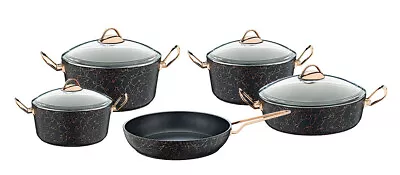 Buy O.M.S AVANGARDE GRANITE 9 Piece Cookware Set Glass Lids Casserole Pan Pot - 3037 • 131.99£