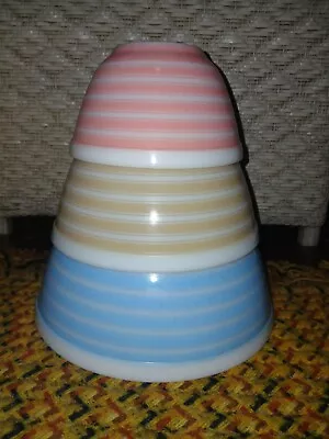 Buy Vintage MCM Pyrex Rainbow Stripes Mixing Bowl Set 401 402 403 Blue Beige Pink • 161.28£