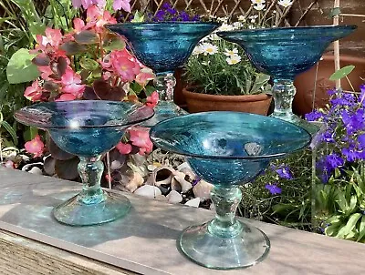 Buy 4 Vintage Turquoise Blue MURANO Crackle Glass COUPE Sundae Sorbet Bon Bon Dishes • 44.99£