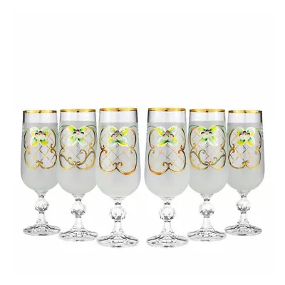 Buy Bohemian Crystal Enameled Colored Champagne Flutes, Vintage White Glass Set Of 6 • 84.29£