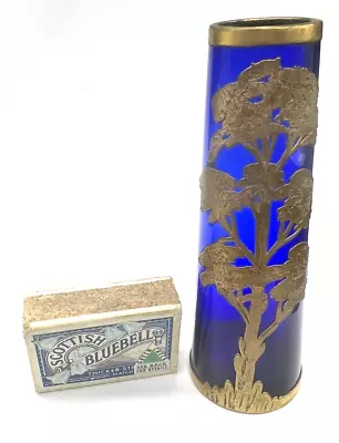 Buy Antique Art Nouveau Blue Glass Bud Vase. Gold Overlay • 1.20£