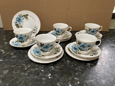 Buy Queen Anne Vintage Tea Set 5 X Trios Cup Saucer Plate Blue Flowers • 14.99£