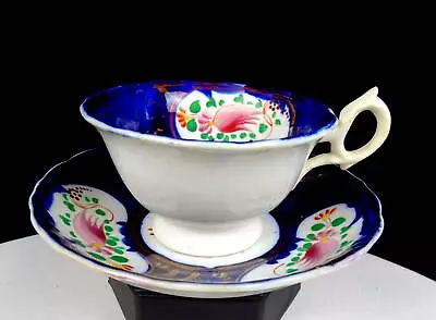 Buy Gaudy Welsh Staffordshire Porcelain Columbine Antique 2 1/4  Cup & Saucer 1850s • 40.29£