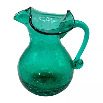 Buy Crackle Glass Vintage Green Aqua Small Pitcher Hand Blown Applied Handle • 12.54£