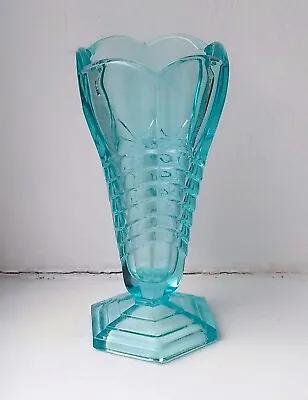 Buy Art Deco Turquoise Aqua Blue Glass Hexagonal Chevron Vase By Davidson - Vintage  • 12.95£