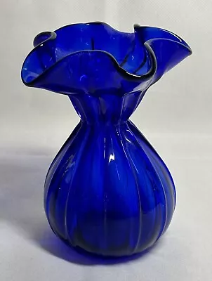 Buy Art Glass Cobalt Blue Vase Ribbed With Ruffled Edges • 10£