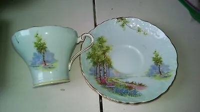 Buy Antique Aynsley England Bone China Teacup And Saucer Blue And Gold Landscape • 7.58£