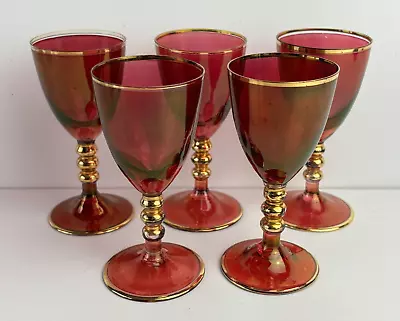 Buy Set Of 5 Cranberry Chalice Glasses With Gold Trim • 9.99£