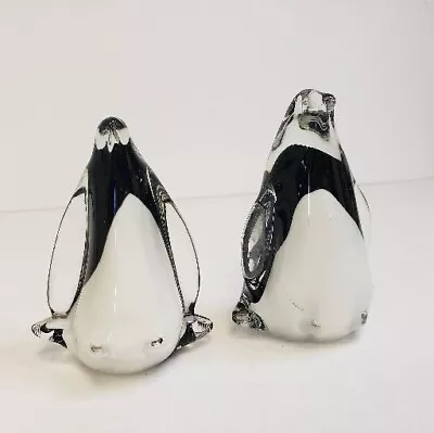 Buy 2 Vintage Hand Blown Art Glass Black And White Penguin Paperweight Figurines • 31.38£
