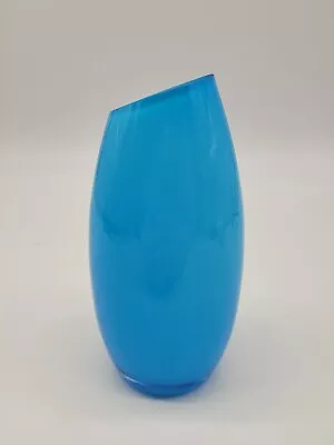 Buy Art Glass Vase  Bright Blue & White Cased Glass Bud Vase Angle Slant Top 6  • 19.17£