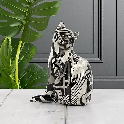 Buy Graffiti Art Monochrome Sitting Cat Ornament Statue Figurine Animal Sculpture • 11.99£