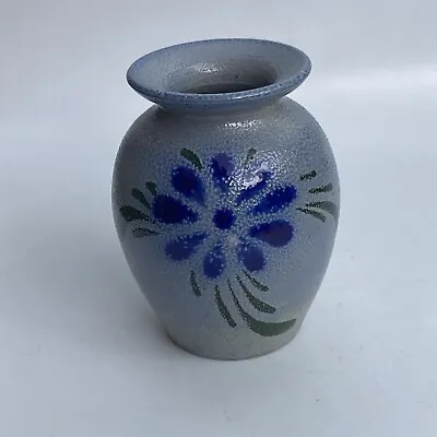 Buy Vintage Salt Glaze Art Pottery Small Blue Floral Vase • 12£