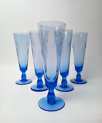 Buy Blue Champagne Glasses Harlequin Etched Parfait Flute Glasses Vintage Set Of 5 • 47.42£