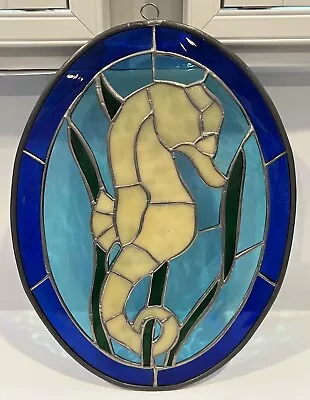 Buy Vintage SEAHORSE OVAL 12”Colorful Leaded Stained Glass Window Hanging Art Ocean • 31.62£