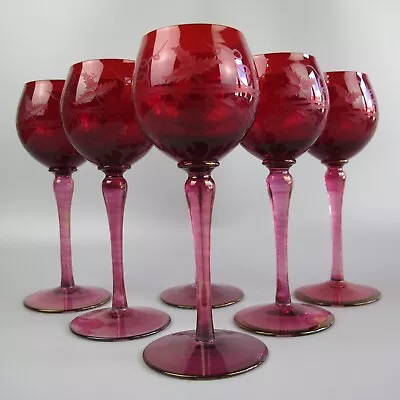 Buy Ruby Red Wine Glasses X 6. Hock Champagne Cocktail. Etched. 1950s Vintage. 200ml • 59.99£