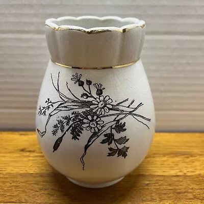 Buy Vtg California Pottery Vase 5.5” Ivory W/ Brown Design Gold Rim Estate Piece • 12.78£