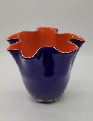 Buy Cobalt Blue Purple & Orange Hand Blown Glass Handkerchief Ruffled Vase • 15.25£