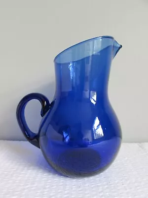 Buy Retro Vintage MCM Blue Glass Jug Hand Blown Applied Handle Rolled Rim 3 Pints + • 10£
