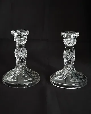 Buy Vintage Round Clear Pressed Glass Candlesticks With Ornate Floral Leaf And Geome • 18£