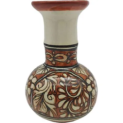 Buy Folk Art Handmade Pottery Floral Vase, 6.5  Brown White Hand Painted Leaves Boho • 12.11£