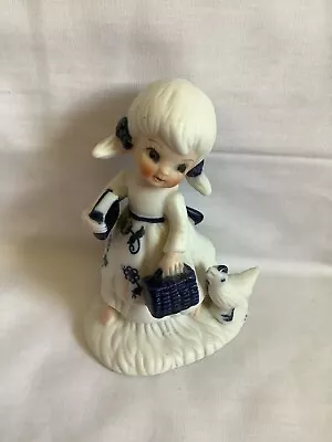 Buy Bisque Porcelain Blueware Figurine Girl With Pigtails, Purse, And Chicken  • 9.96£