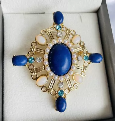 Buy Lovely Royal Blue Cabochon Vintage Style Maltese Cross Goldtone Costume Brooch • 7.99£