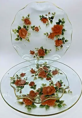 Buy Set Of Three Chance Glass Roses Motif Gold Rimmed Plates  • 22.99£