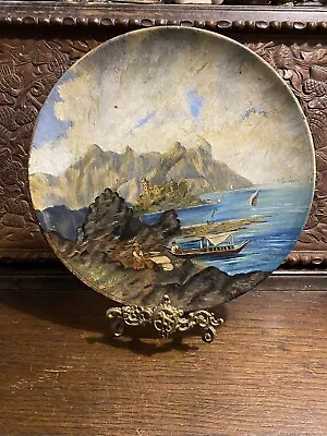 Buy Antique Hand Painted Terracotta Plate - Continental Scene - Watcombe Pottery • 39.99£