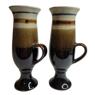 Buy Pair Of Handmade Irish Coffee Pottery Pedestal Mugs  Brown Tones Earthenware  • 18.02£