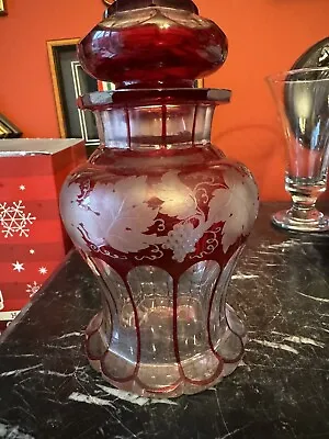 Buy Stunning Antique Bohemian Cut Glass Ruby Lidded Jar • 35£