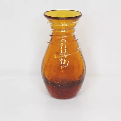 Buy Vintage Amber Glass Crackle Vase Handblown Applied Swirl 4  • 23.67£