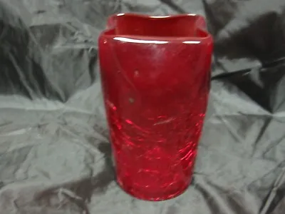 Buy Vintage Deep Ruby Red Glass Crackle Type Square Top Round Vase Mid Century • 17.36£