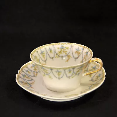 Buy H&Co Limoges Haviland Flared Cup & Saucer Laural Leaf & Blue Garlands 1889-1896 • 70.10£
