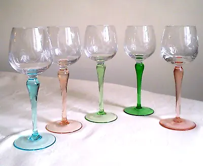 Buy 5 X Vintage C. 1970s Harlequin Etched Coloured Stem 8 Oz Wine Glasses • 35£