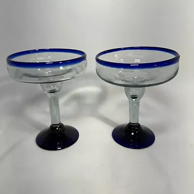 Buy Margarita Glasses Cobalt Blue Rim Mexican Hand Blown Thick Glass Set Of 2 #2 • 24.02£
