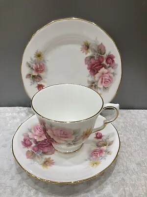 Buy Vintage Queen Anne Bone China Pink Roses Trio Footed Tea Cup Saucer & Tea Plate • 5.99£