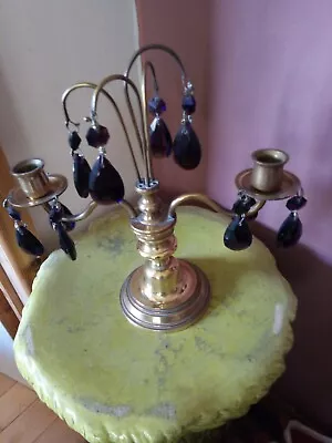 Buy Vintage Brass Candelabra  Candlestick Faceted Amethyst Colour Glass Droplets  • 18£